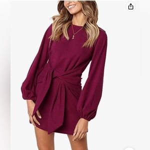 lantern sleeve short dress, crew neck, tie waist, wine red. Size: small